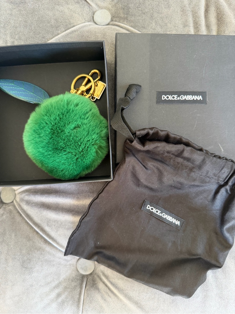 Dolce & Gabbana Emerald Green Fur Pom Pom Keyring with Gold Hardware